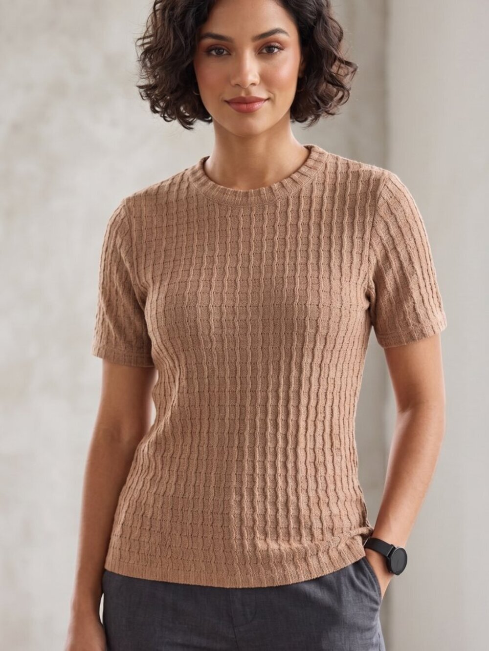 NWOT | Tan Textured Vertical Rib Knit Short Sleeve Crew Neck Top Soft | Medium